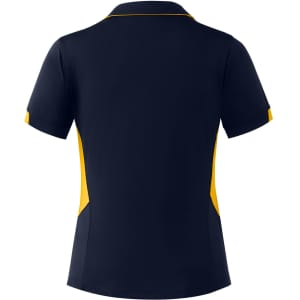 A navy blue polo shirt with yellow accents and a logo, featuring a classic collar and short sleeves.