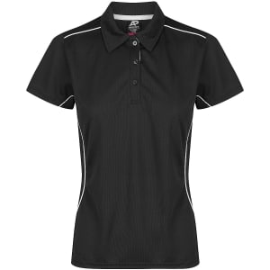 A black polo shirt with a collared neck and white detailing, featuring buttons and a logo.