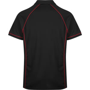 A black polo shirt featuring red piping and a logo branding on the back.