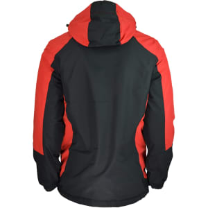 A men's jacket featuring a red and black design, showcasing a hood and a sporty cut. It has branding on the side.