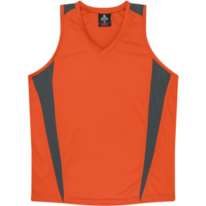 An orange singlet with grey side panels, featuring a logo at the neckline.