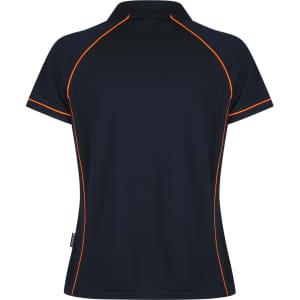 A navy polo shirt with orange piping, featuring a branding logo.