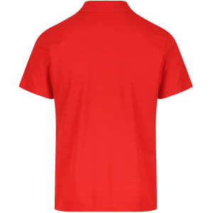 A red polo shirt with a collar and short sleeves, featuring a logo on the back.