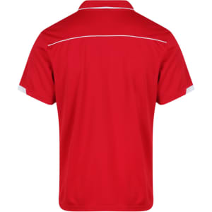 A red polo shirt featuring a collar and white accent sections, with a logo on the back.