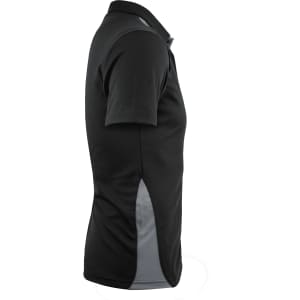 A black polo shirt featuring short sleeves and grey side detailing, with a logo on the chest.