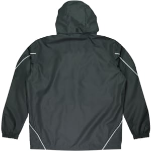 A dark green jacket with a hood, featuring elastic cuffs and reflective detailing. It has a logo.