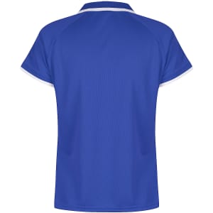 A blue polo shirt featuring a round collar and a simple design, with contrasting trim. It has a logo on the design.