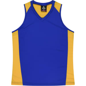 A blue and yellow singlet with a v-neck design, featuring branding on the inside label.