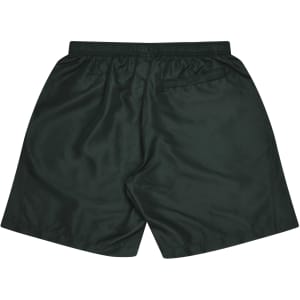 Dark green sports shorts featuring an elastic waistband and a back pocket. Includes branding on the garment.