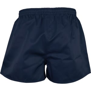 Navy men's rugby shorts featuring an elastic waistband and a logo. Suitable for sports uniforms.