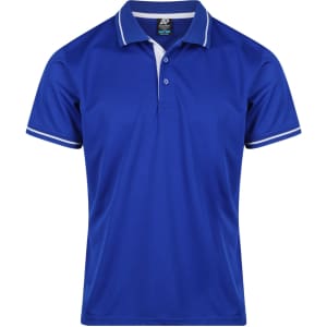 A blue polo shirt with white detailing and a collar, featuring a logo on the upper left.