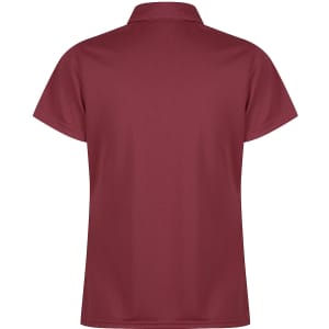 A burgundy polo shirt with a classic collar and short sleeves. The back view showcases a smooth, simple design.