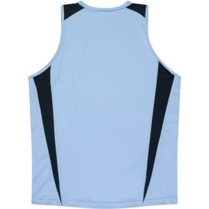 A light blue singlet with black accents on the shoulders and sides. It features a logo.