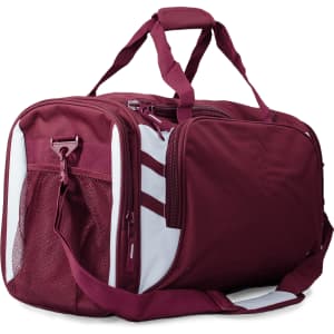 A maroon duffle bag with white detailing, featuring a side mesh pocket and detachable shoulder strap.