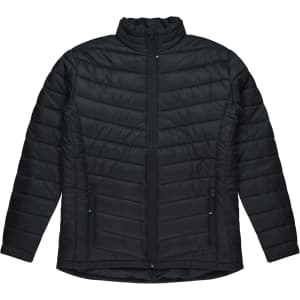 A black, padded jacket with a zip front and two side pockets; features a high collar and a sleek design.