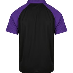 A men's polo shirt featuring a black body with purple raglan sleeves and a logo on the back.