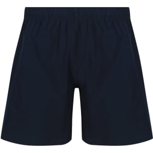 Navy school kids shorts with an elastic waistband and a simple design. Features branding on the waistband.
