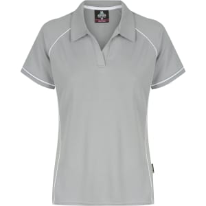 A light grey polo shirt with contrasting white piping and a logo on the collar.