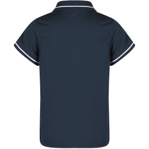 A navy polo shirt with a collar and contrasting trim, featuring a logo on the back.