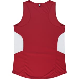 A red singlet with white side panels and a branding logo on the back.