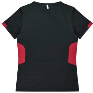 A black and red women's T-shirt featuring a simple design and a logo on the back.