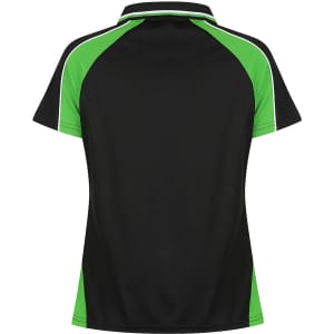 A black polo shirt with green accents on the shoulders and sides, featuring a contrasting collar and a logo.