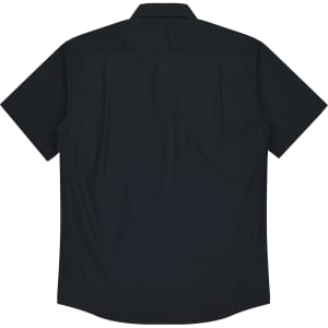 A short-sleeve button-up shirt in black, featuring a smooth fabric and a simple design with a logo.
