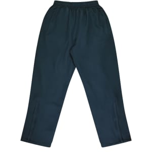 Dark green track pants with an elastic waistband and side pockets, featuring a simple design and no visible logos.