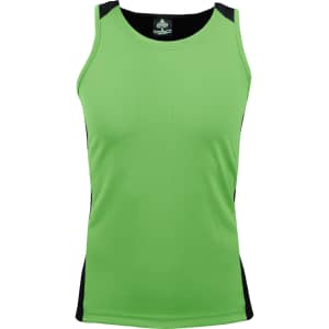 A green singlet with black side panels, featuring a logo on the front.