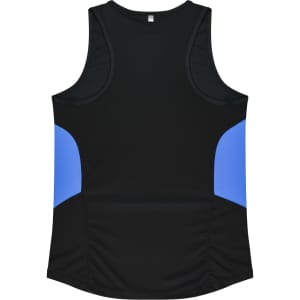 A black singlet featuring blue side panels and a simple design. It has a logo on the front.