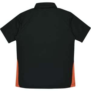 A dark green polo shirt with orange side panels and a collar. Features a logo on the chest area.