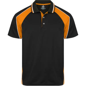 A black polo shirt with orange accents and a logo, featuring a classic collar and three buttons.