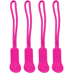 Four pink zip puller accessories made of fabric, each with a textured grip and a small logo on the tab.