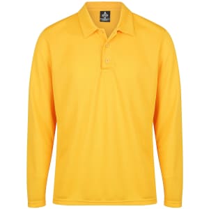 A long-sleeved yellow polo shirt featuring a collar and three buttons, with a logo on the neckline.