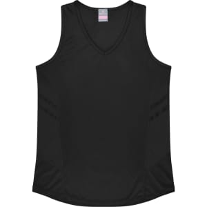 A black women's singlet featuring a V-neck design and side panels, along with a logo.