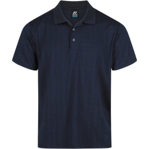 A navy blue polo shirt featuring a three-button placket and a logo on the chest.