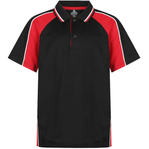 A black and red polo shirt with a button-up collar and contrasting side stripes, featuring a logo.