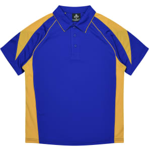 A blue and yellow polo shirt featuring a collar and short sleeves, with a logo on the upper left.