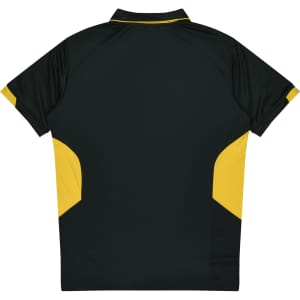 A dark green polo shirt with yellow accents on the sides and a collar. Includes a branding logo.