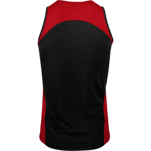 A black and red men's singlet with a smooth fabric featuring a logo on the back.