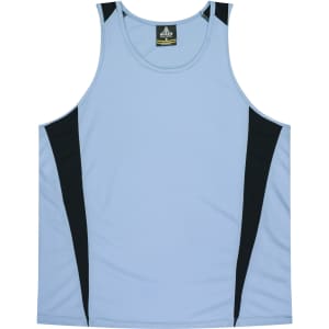 A light blue singlet with black side panels, featuring a logo on the neckline.