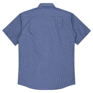 A short-sleeve men’s button-up shirt in blue with a check pattern and a logo.