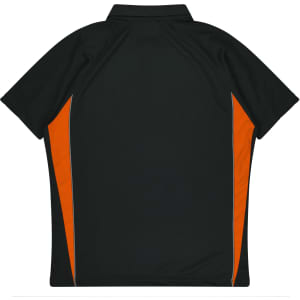 A black polo shirt with orange side panels and a collar, featuring a logo.