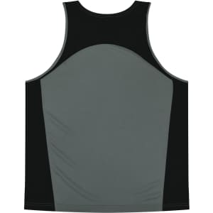 A grey and black singlet featuring a back design and a logo on the fabric.