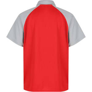 A red and grey polo shirt with short sleeves, featuring a back view and a logo.