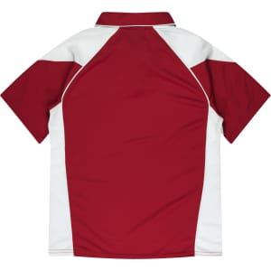 A polo shirt featuring a maroon body with white sleeves and a collar, designed for women. It has a logo.