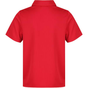 A red polo shirt with a collar and short sleeves. Features a branded logo.