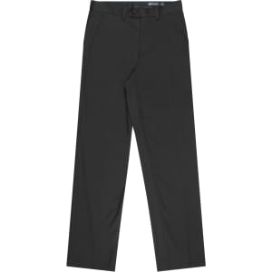 Flat front men's pants in a solid dark colour with a button and zipper closure, featuring front pockets.