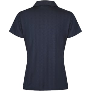 A navy blue polo shirt with a textured pattern and a classic collar; features a branding logo.