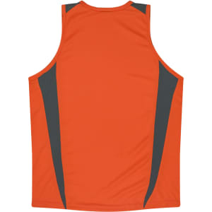 A bright orange singlet shirt with grey side panels and a branded logo. Soft fabric and sleeveless design.